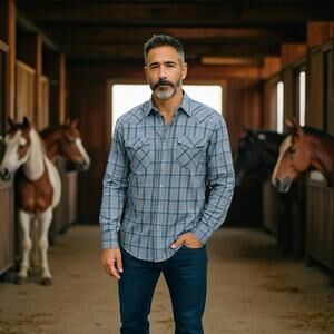 Wrangler‎ Men’s Pearl Snap Western Shirt, Blue Plaid, Size XXL, (52) Long Sleeve